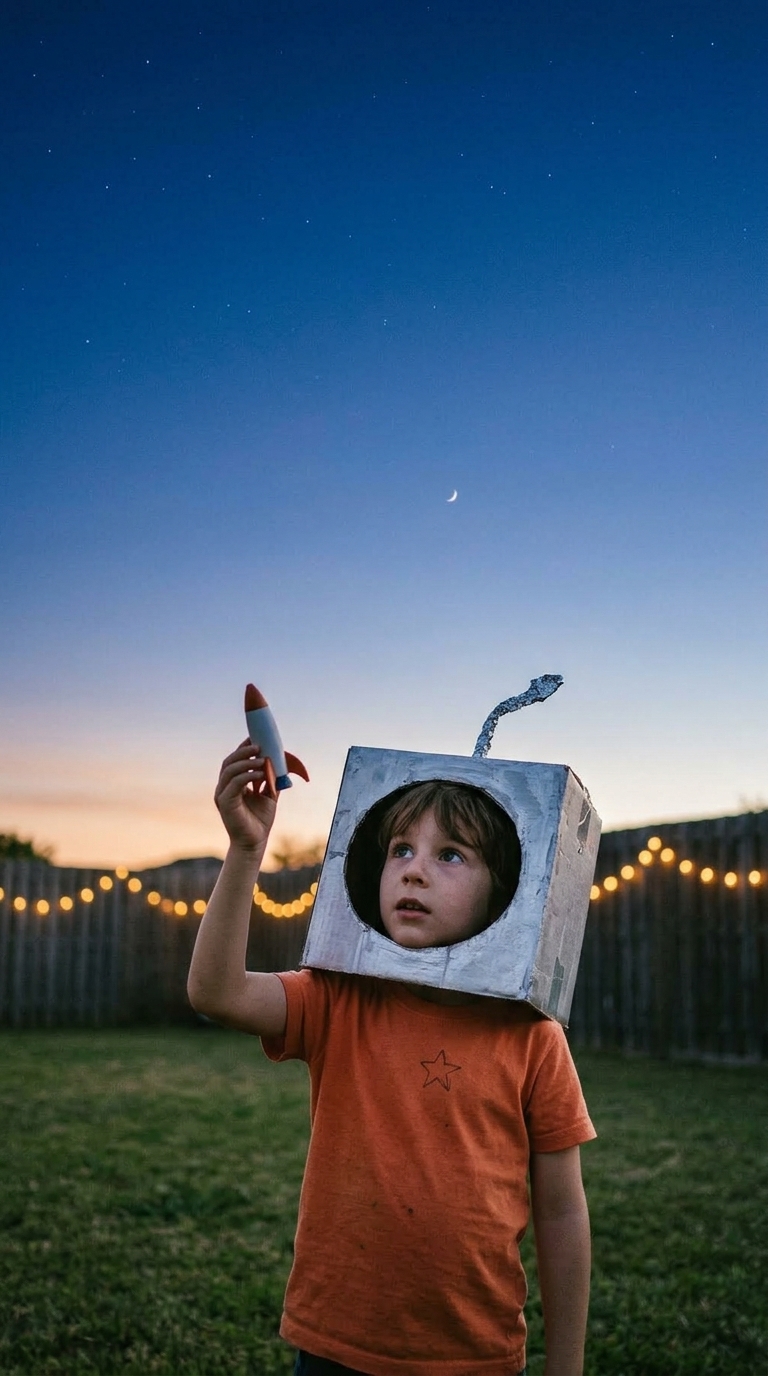 Jero con su casco de astronauta mirando el cielo